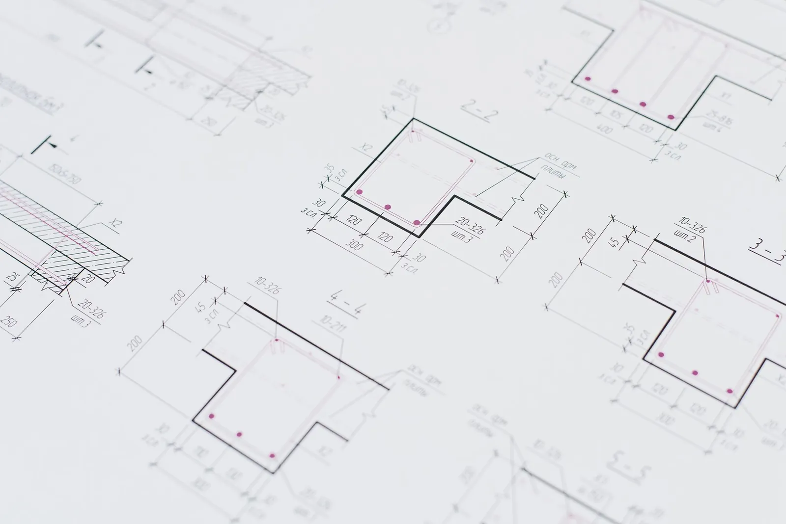 Close-up of technical construction drawings with dimensions