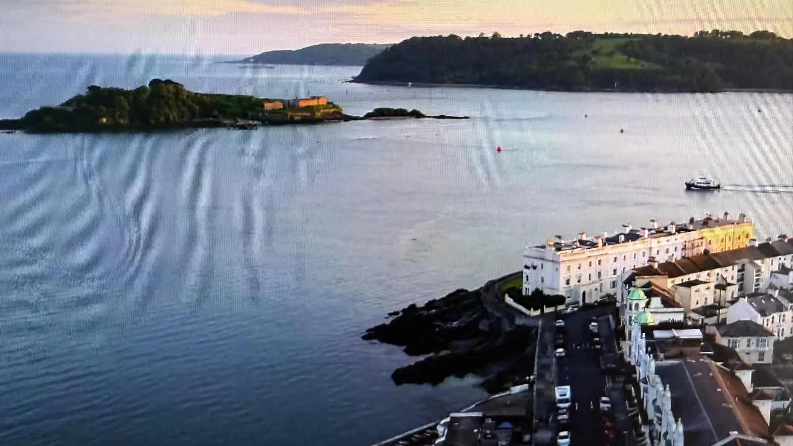 Plymouth Sound and the Hoe waterfront at golden hour