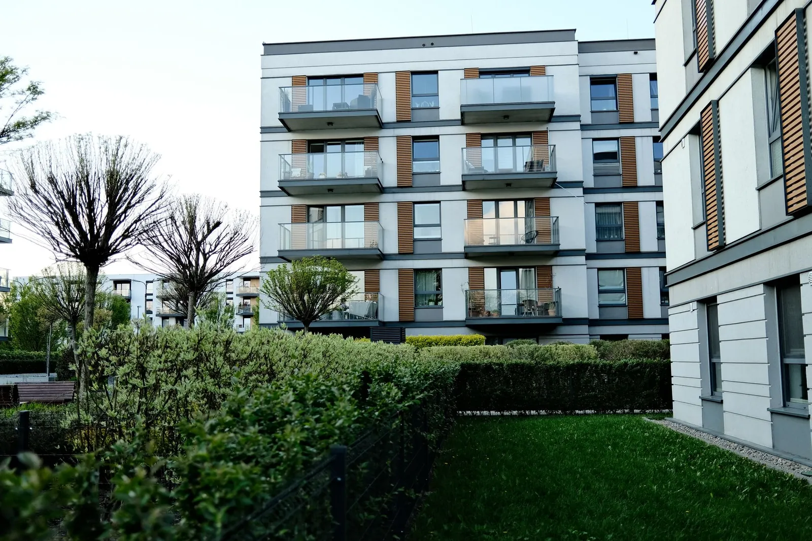 Mature trees and planting beside a modern apartment building