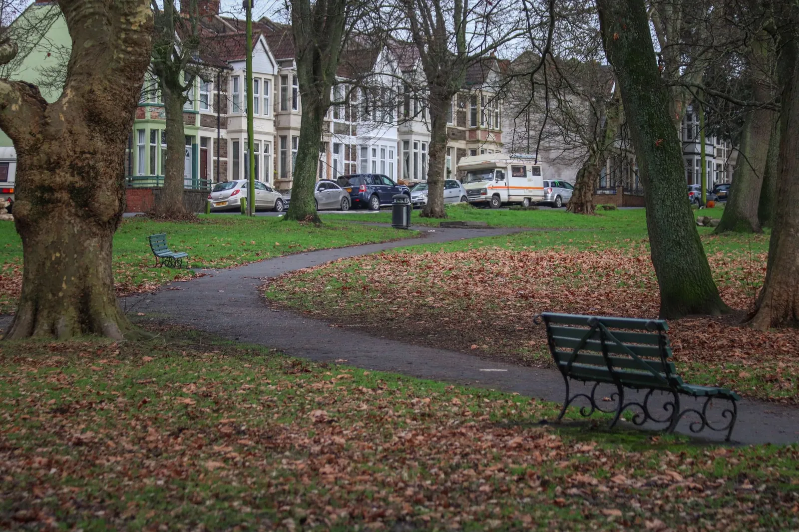 A quiet park with benches along a tree-lined path