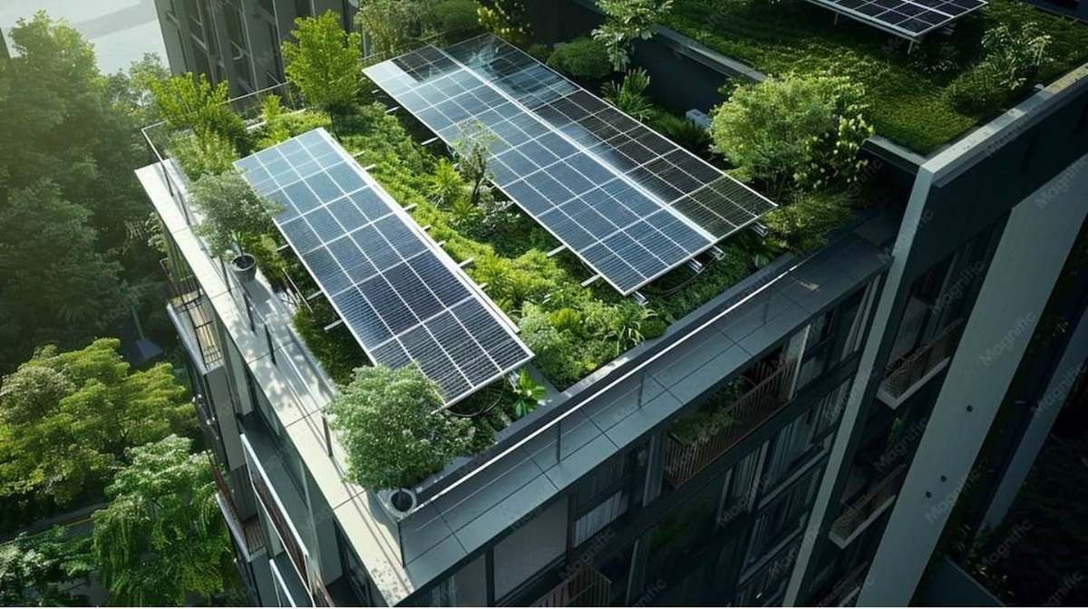 Rooftop solar array on a modern residential building