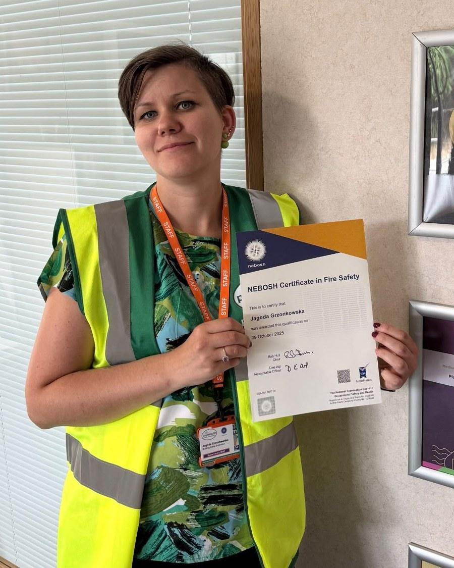 Jagoda Grzonkowska, Building Safety Supervisor, with her NEBOSH Certificate in Fire Safety