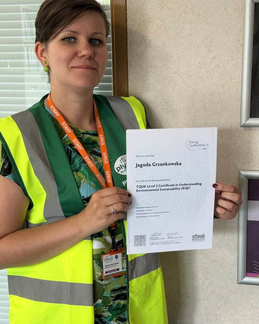 Jagoda Grzonkowska, Building Safety Supervisor at Plymouth Block Management, with her TQUK Level 2 Certificate in Understanding Environmental Sustainability